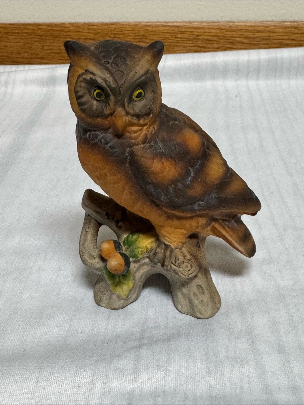 Vintage 70s Sitting Owl on Branch Ceramic Bisque Figure Statue 5” Tall